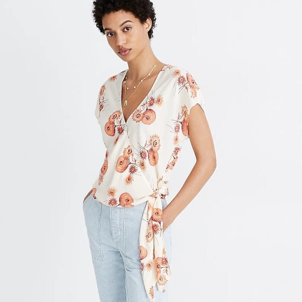 Madewell Cream Floral Wrap Blouse with Orange Print